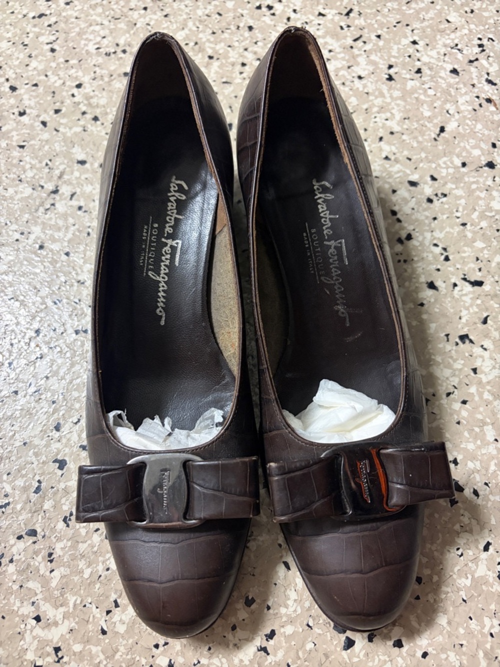 Salvatore Ferragamo Brown Leather Bow Flats with Signature Hardware
